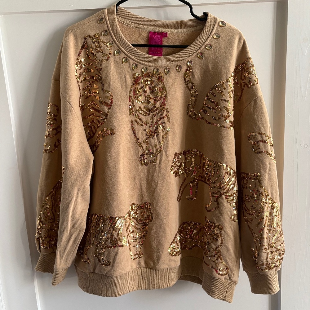 Queen of Sparkles Beige & Gold All Over Tiger Sweatshirt